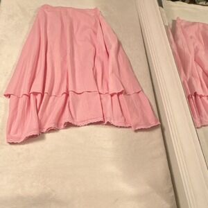 Vintage c.c. couture Pink Crinkle Cotton Long Flare Skirt M Layered Lace Hem